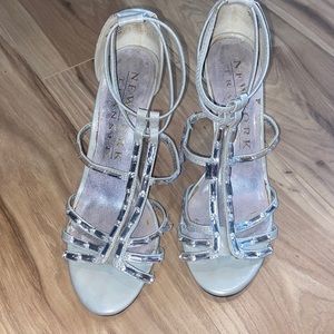 New York Transit Shiny Silver Heels with Jewels